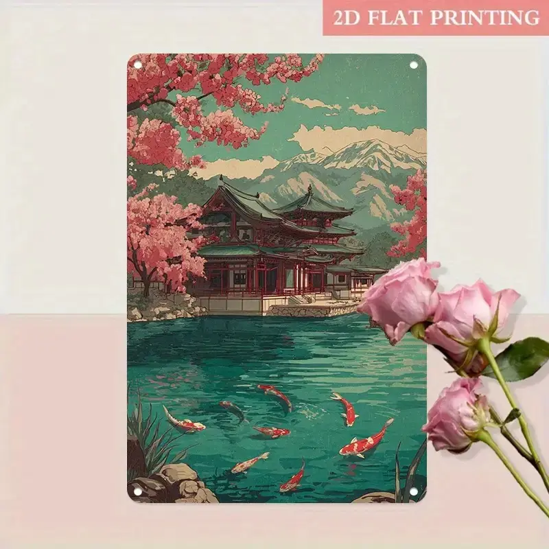 2D Flat, 2D Flat - 1pc of 8X12 Inch Retro Metal Sign Featuring Cherry Blossoms Perfect for Vintage Wall Decoration in Restaurants Bars Cafes And Coffee Shops. This Iron Artwork Is Suitable for Home Decor Wedding And Birthday Celebrations, 2D Flat