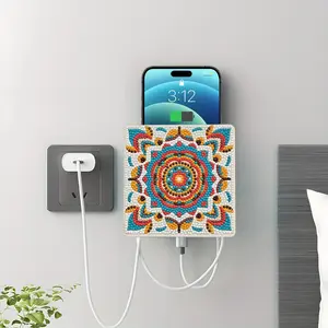 DIY Diamond Painting Datura Flower Wooden Wall-Mounted Phone Charging Storage Box Bedside Organizer Makeup Tool Holder Decorative Home Wall Shelf Acrylic Fiberboard 5.12x5.12x1.18in