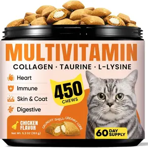 Cat Multivitamin Supplement with L-Lysine and Taurine – 12 Essential Vitamins and 5 Minerals for Immune, Joint, and Skin Support – 450 Chews