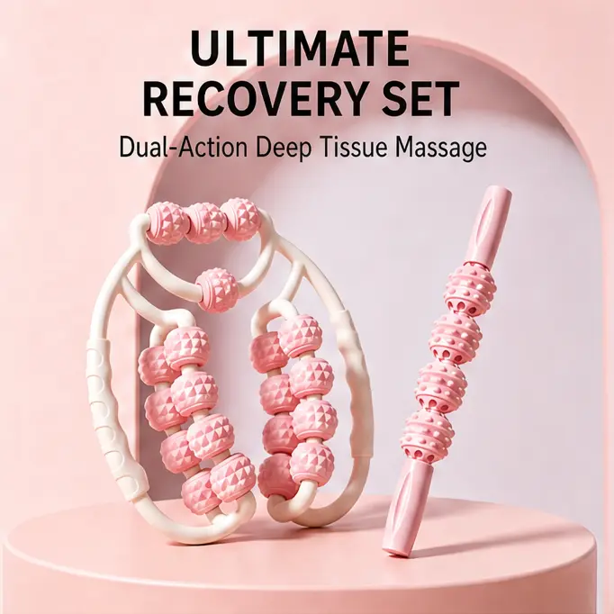 2 In 1 Massage Roller Kit with 360 Wrap-Around Leg Massager Ring & Handheld Massage Stick, Soft TPE Nubbed Rollers Non-Slip Ergonomic Portable Deep Tissue Massager for Full Body Muscle Knot & Pain Relief