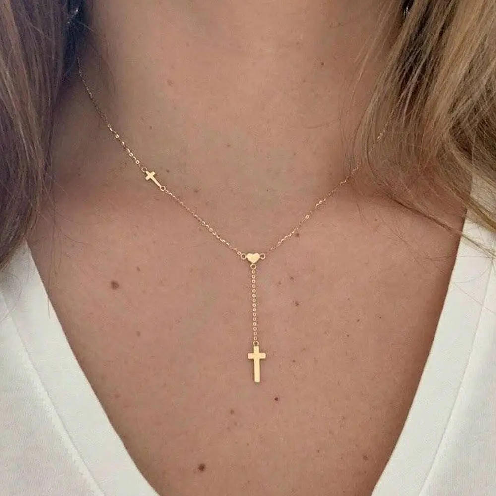 Gold-tone coating Lariat Necklace for Women Stainless Steel Open Heart Loop Y Necklace Sleek Vertical Drop Cross Pendant Dainty Choker Adjustable Layering Clavicle Chain Christian Faith Religious Amulet Trendy Ins Costume Jewelry Gift 19.29"