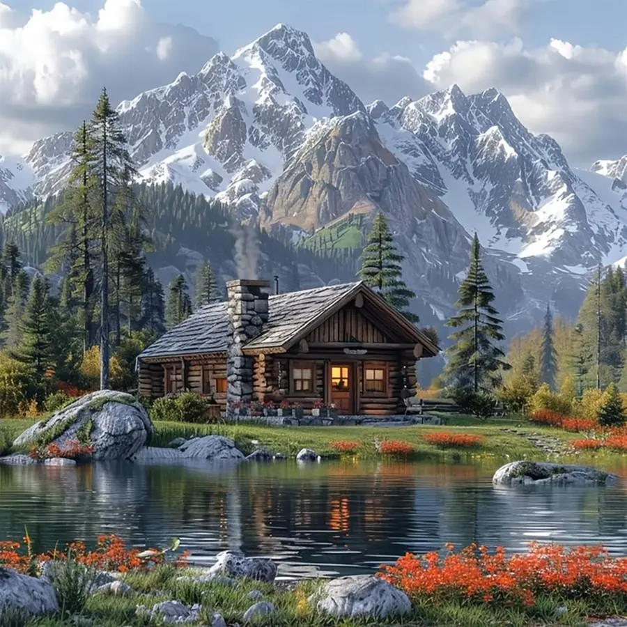Lake Cabin Pattern DIY Diamond Arts Colorful Painting Kit without Frame, DIY 5D Diamond Arts Colorful Painting Kit, Wall Art Decor for Home, Diamond Painting Kits
