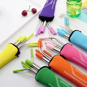 5pcs Set Stainless Steel Straws, Reusable Metal Straws With Silicone Tips, Sturdy Bent Straight Drinks Straw, Food Grade Straw, With 3pcs Straws, 1pc Cleaning Brush And 1pc Bag, 8inch, Drinking Straw
