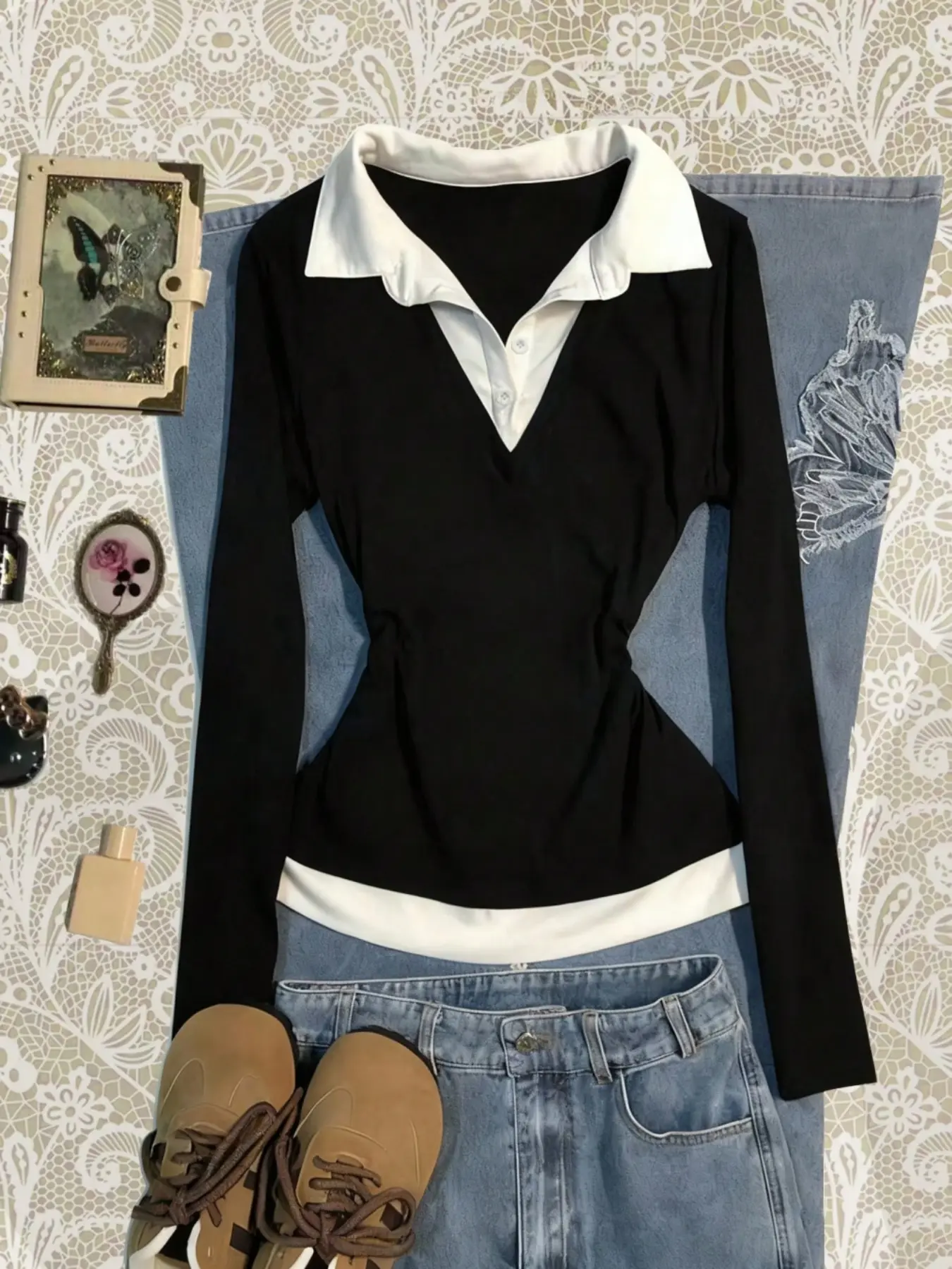 Women's Colorblock Patchwork Faux Two-Piece Shirt Collar Slim Fit Long Sleeve Top, Casual Fitted Collared, Basic Simple Comfortable Casual Daily Wear, Versatile Aesthetic Stylish All Seasons Blouse, Colorblock Knit Top, Casual Comfy Collared