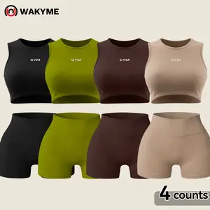 Women's Crew Neck Letter Printed Sleeveless Seamless Top & Shorts Set, Womenswear Casual Sporty Style Clothes, Nylon & Spandex Fabric