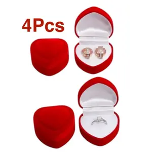 4Pcs Velvet Red Heart Shape Ring & Earrings Boxes
