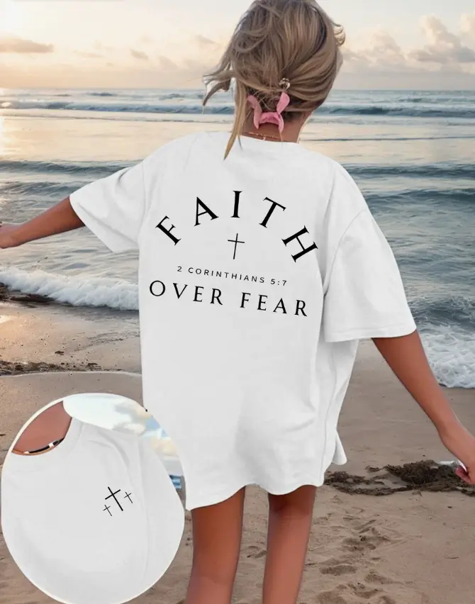Lightweight "Faith Overcomes Fear" Bible Verse Women's T-Shirt, Regular Fit Christian Inspirational Graphic Tee Summer Pink Casual