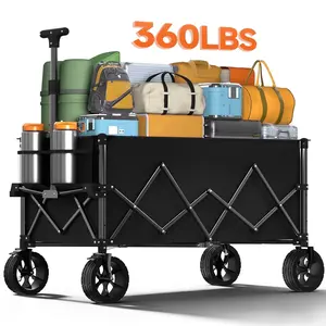 Extra Large Collapsible Wagon, Heavy Duty Foldable with All-Terrain Wheels for Grocery Camping Shopping Garden, 220L and 360lbs, Black