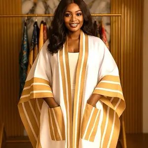 CARAMEL TWO PIECE ASOOKE KIMONO AND LINEN PANT SET with Gold Striped Design and Elegant Look