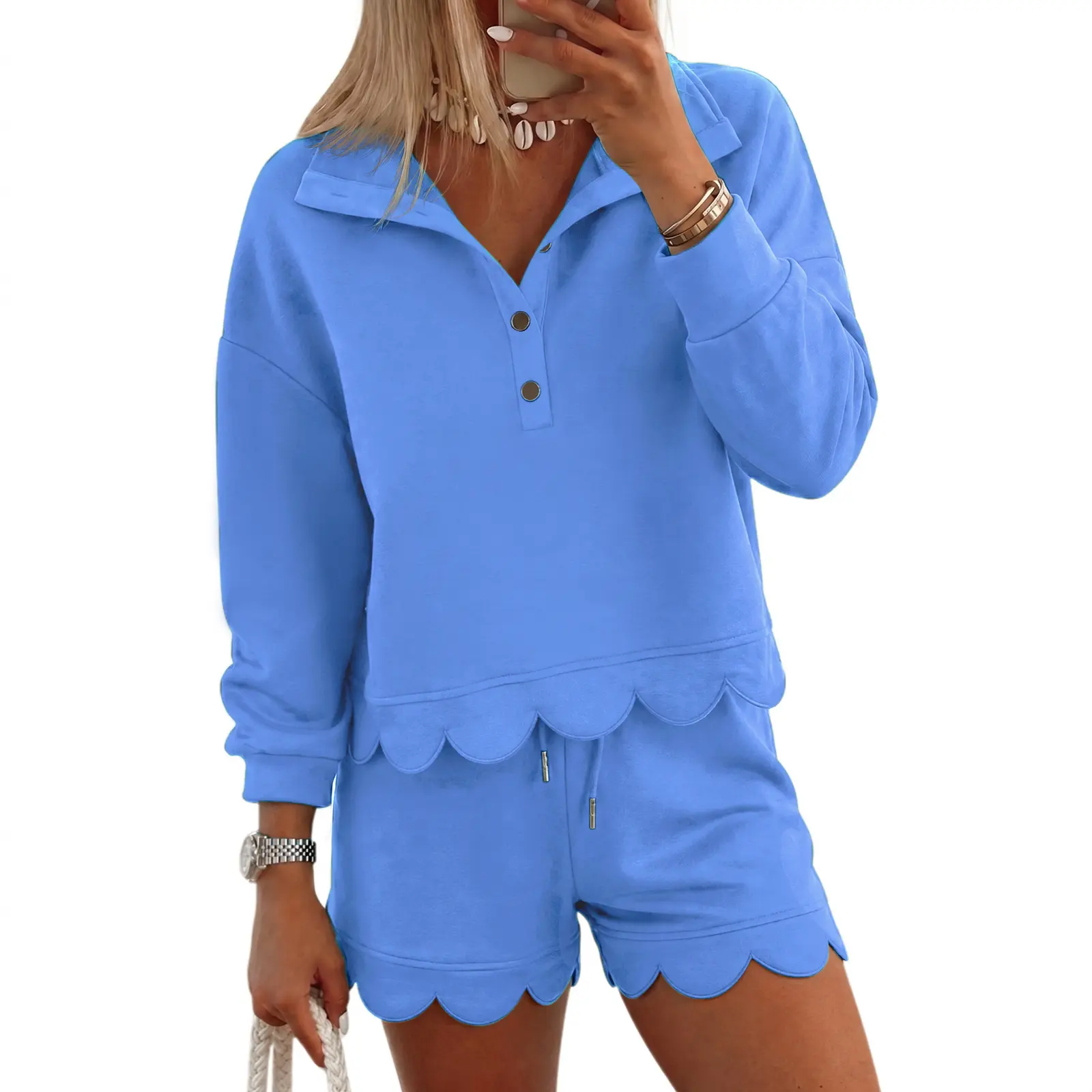 FISOEW Womens 2 Piece Sweatsuit, Basic Casual Matching Set with Long Sleeve Half-Button Top and Shorts, Comfortable Loungewear, Women's Clothes, Two Piece Sets