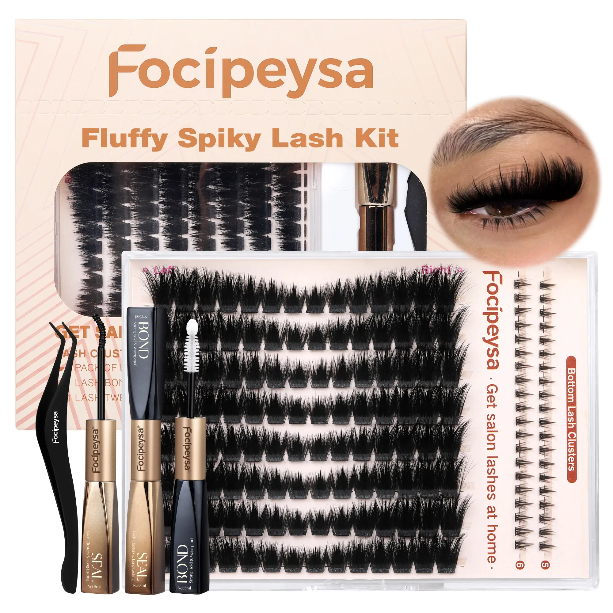 Focipeysa D Curl Thick Lashes Cluster Kit - Pre-Mapped Fluffy Spiky L&R Eye + Bottom Lashes, Bond & Seal, Tweezers, Waterproof, Time-Saving, Beginner-Friendly for Home Salon-Quality Soft Glam Makeup, Lash Cluster