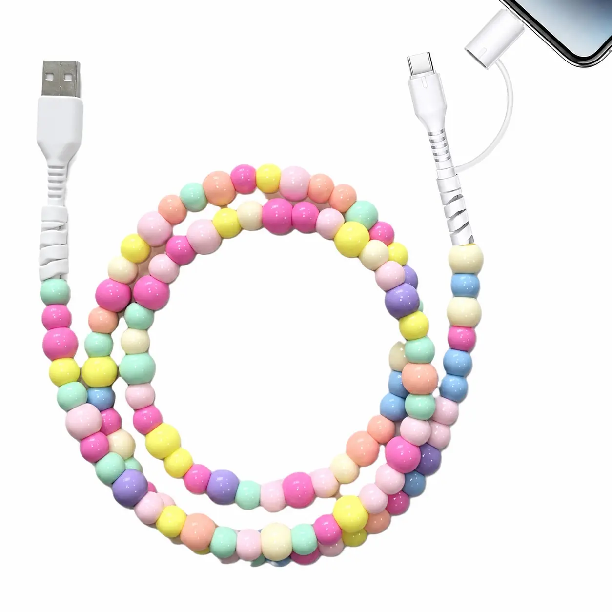 Cute Multicolor Beaded 2-in-1 Cable Cord, USB-A to Dual-Head Design(Type C&Lightning ), Compatible with Dual Ports for iPhone 17/16/15/14/13