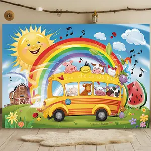 Summervibes Wheels On Bus Theme Party Banner 1pc Polyester Decor for Home Room Wall Photo Booth Props Outdoor Event Background Cloth