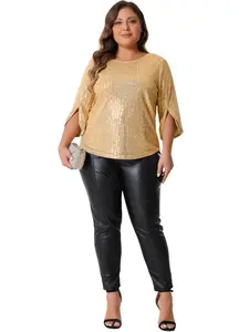 Agnes Orinda Plus Size Women's Glitter 3/4 Slit Sleeve Crew Neck Shimmer Sparkle Sequin Party Blouse Top