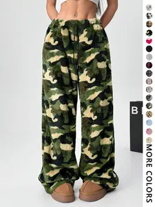 Y2K Fuzzy Pajama Pants Women Wide Leg Plush Lounge Bottoms Warm Winter Fleece Sleepwear High Waisted Leopard Heart Camo Print Trousers，Super Soft Fleece Lounge Pants for Women Warm Winter Sherpa Pajama Bottoms Elastic Waist Baggy Flannel Trousers Cute Aes