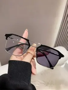 Men's Half-Rim Fashion Eyeglasses Frame, Automatic Photochromic Color Changing Glasses, Square Metal Frame, All Seasons Wear