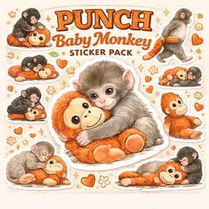 Punch Baby Monkey Sticker Pack, Cute  Baby Monkey Holding Plush Toy Stickers, Punch-Kun Macaque Monkey Baby with Orangutan, Waterproof Laptop Decal Set for Water Bottles and Laptops,, Animal Lover Gift