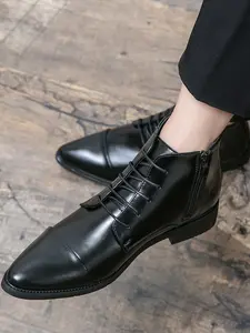 Men's Pointed Toe Low Heel Business Casual Boots, Comfortable High Top Formal Pu Leather Shoes for Daily Commute & Events