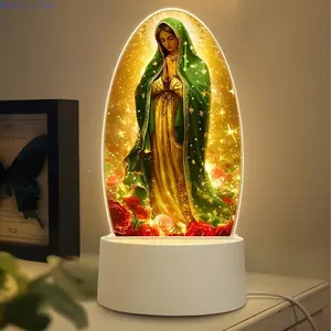 Our Lady of Guadalupe 3D Night Light Virgin Mary LED Lamp Catholic Religious Decor for Home Altar Prayer Room Spiritual Blessing Gift for Mom Grandma Aesthetic Faith Based Desk Lamp White Base Artificial Christmas Tree with Snow Crystal Ball Snowman