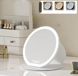 Newest Pu Leather Round Foldable Touch Sensor Led Light Makeup Mirror withStepless Lights Gift Lightweight Vanity foldable handheld mirror pocket  mirror easy installation foldable mirror