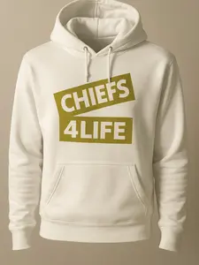 CHIEFS 4LIFE White Hoodie with Gold Glitter Lettering Unisex Fleece Blend Long Sleeve Statement Top for Everyday Wear Menswear Pullover