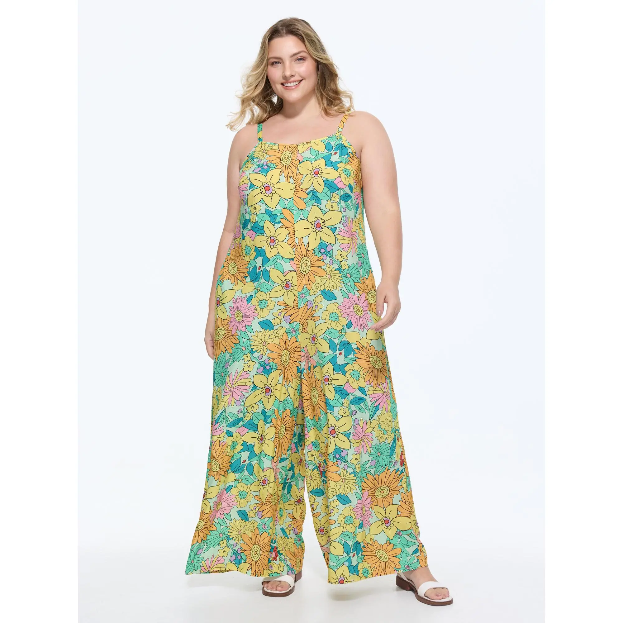 BloomChic Casual Floral Jumpsuit for Plus Size Women, Playful Tall Fit for Summer in Breathable Rayon with Adjustable Straps & Pockets, Overalls, Simple, Flowers, Chic Curve Jumpsuits & Rompers, Smooth, Everyday, Soft, Rayon Fabric, Floral Print, Side Poc