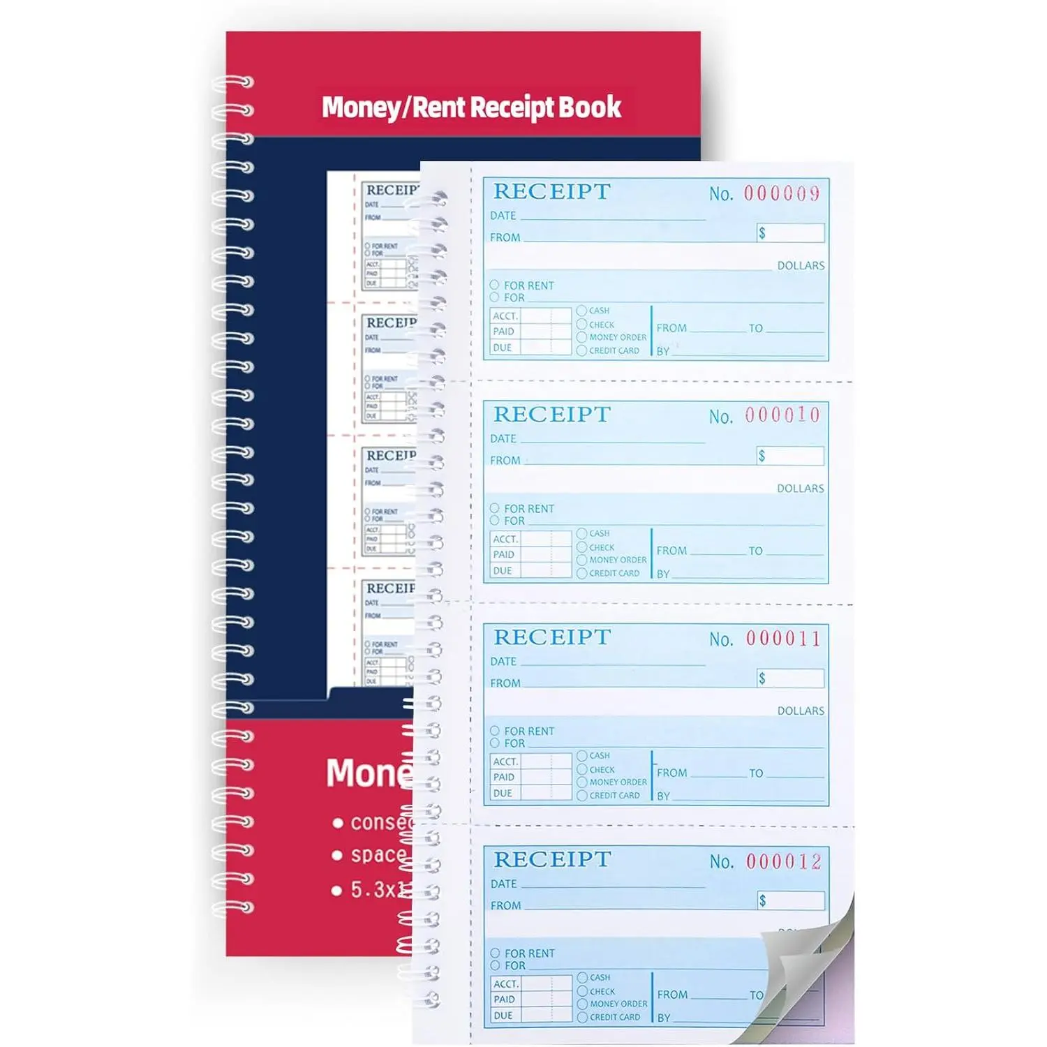 Receipt Books with Carbon Copies, and Rent Receipt Book,3-Part Carbonless,5.31" x 11.22",Receipt Book for Small Business,Blue,Yellow and  Copy,100 Sets Per Book