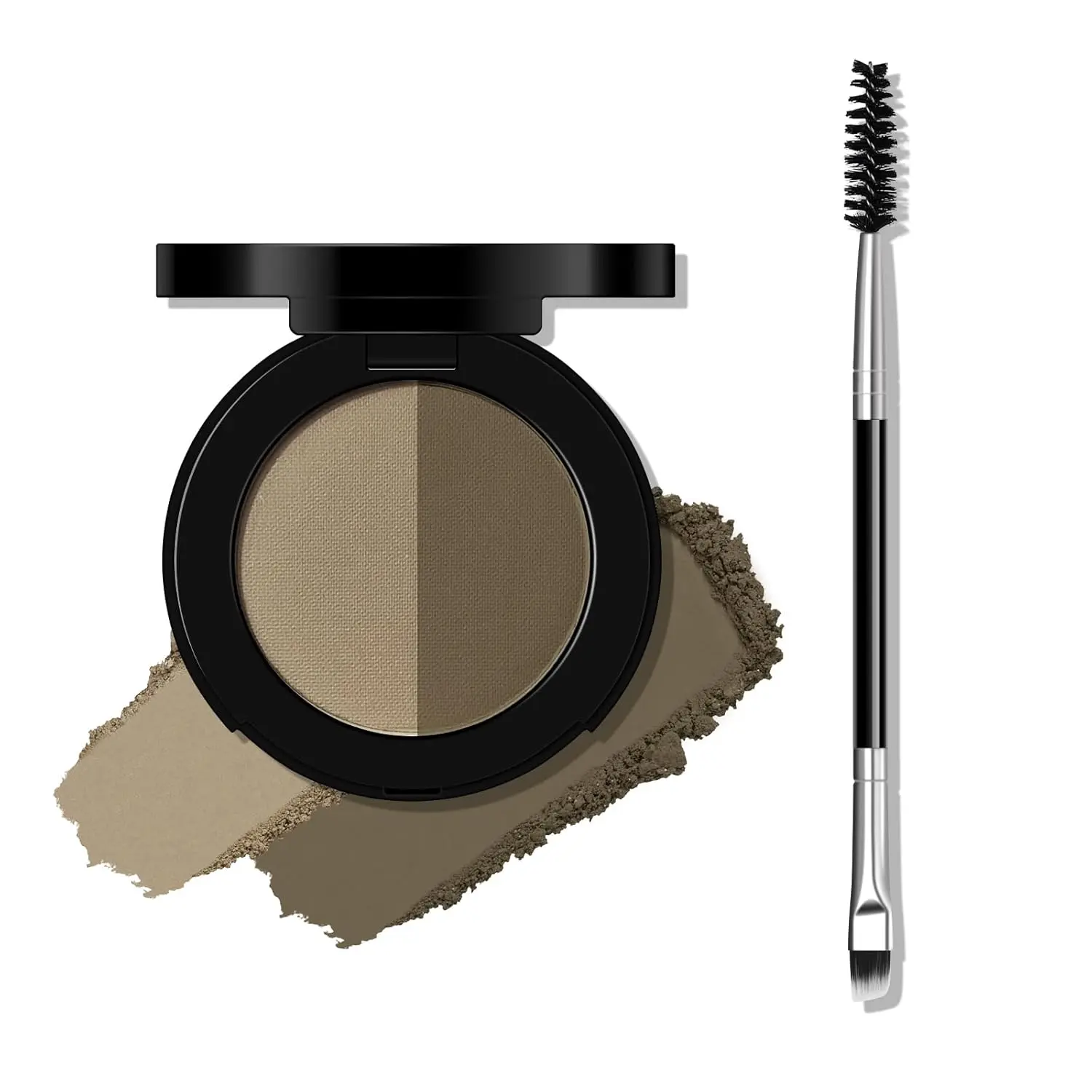 2 Colors Eyebrow Powder Duo, Eyebrow Palette Makeup for Full Defined Natural Brows, Black Brown Eye Brow Powder for Women with Dual-ended Brush, Waterproof Eye Brows Filler Duo, Medium Brown