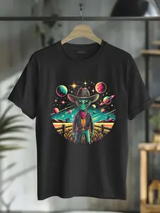 100% Cotton Alien Lover Flying Saucer UFO Extraterrestrial Cowboy T-Shirt