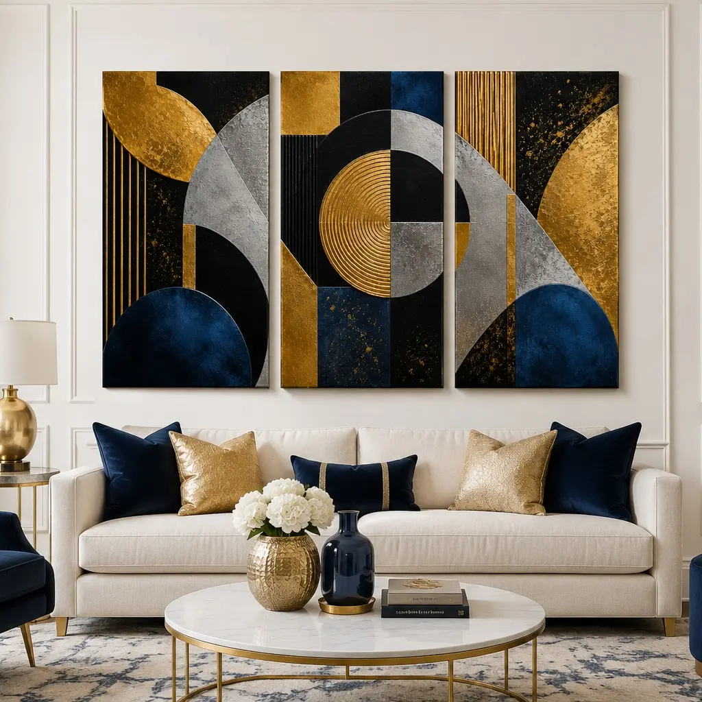 Gilded Geometry Center Panel Wall Art - Minimalist Metallic Wood Print, Artistic Room Decoration Hanging Home Accent, Geometric, Wall Decoration