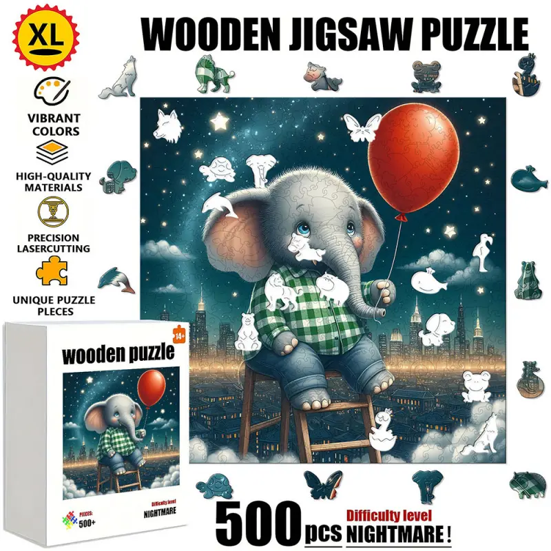 1 Box (500 pcs) Wooden Puzzle: Little Elephant Holding a Red Balloon Under the Starry Sky. The wooden puzzle is durable and suitable for family entertainment, solo time, and leisure on rainy days. It is a wonderful gift for holidays
