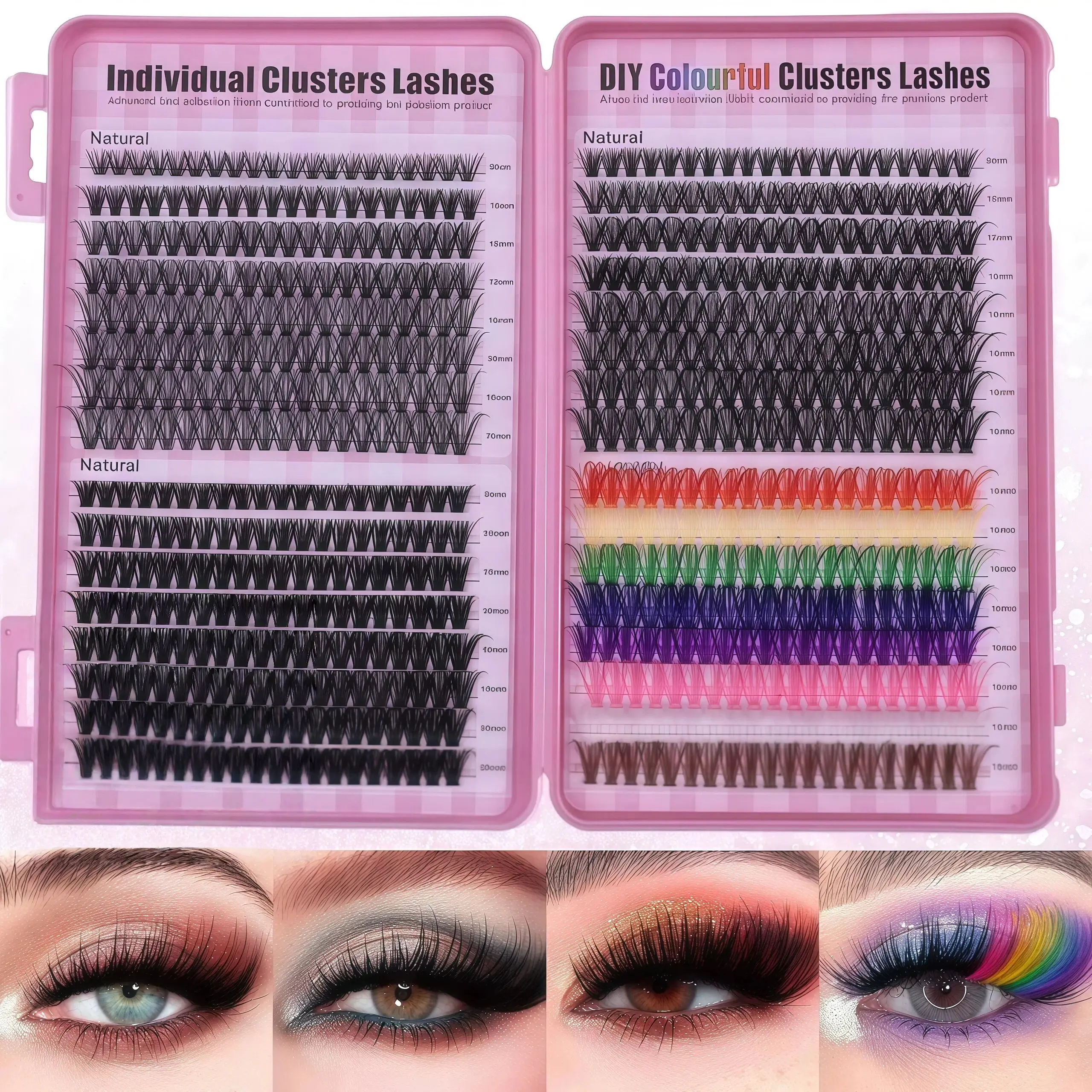 Fluffy DIY Lash Clusters Kit - 640p High-Capacity All-In-1 Cosmetic Storage Tray, Mixed-Length Black Wispy Clusters, Rainbow Individual Lashes, 4 Styles, Eyelash Extensions, for Daily Makeup, Cosplay