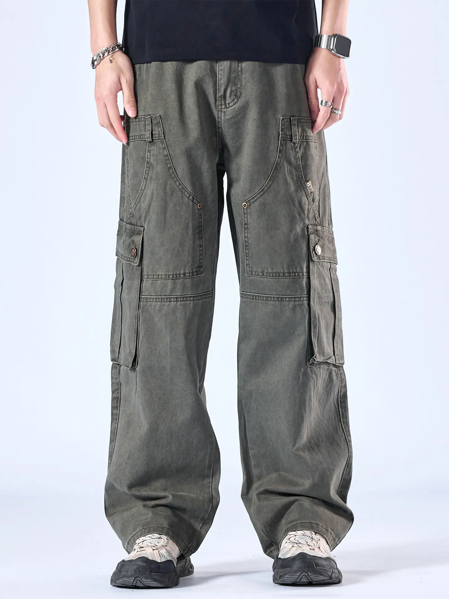 [KU2515] Men's Vintage Washed Army Green Multi-Pocket Wide Leg Canvas Cargo Work Pants