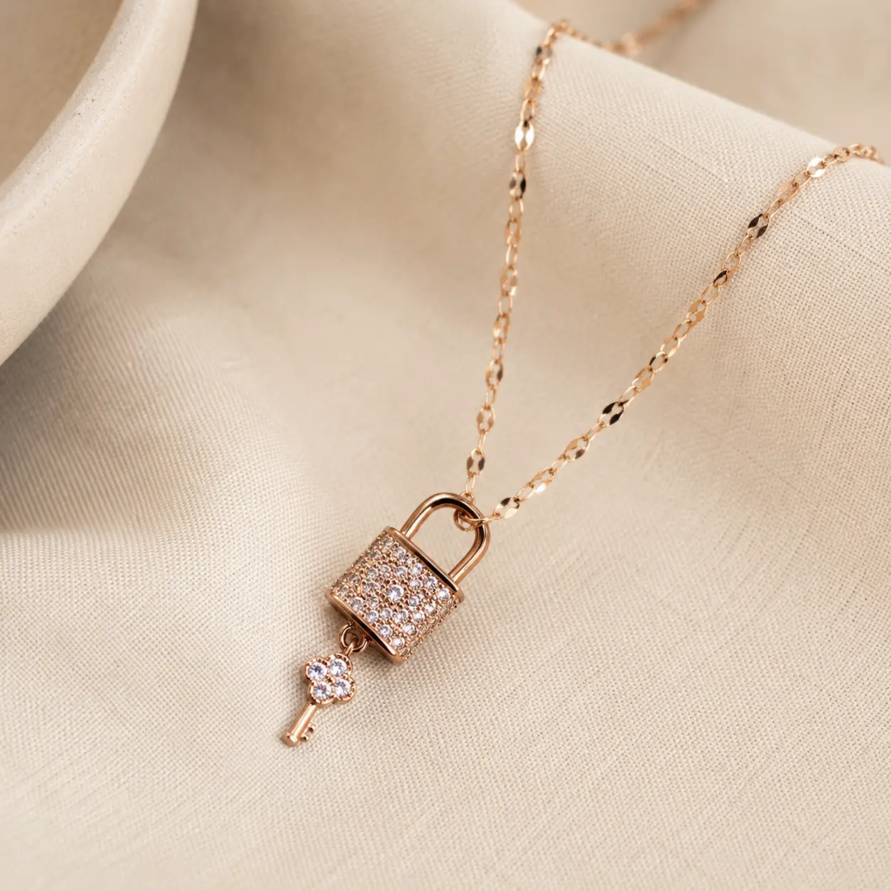 Rose Gold Lock and Key Necklace, Sparkling Padlock Pendant, Dainty 18-Inch Adjustable Chain, Romantic Gift for Her
