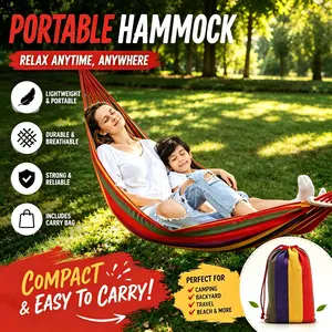 Striped 2 Person Double Hammock with Wooden Spreader Bar, Heavy Duty Portable Camping Accessory, 450 lbs Capacity with Carry Bag for Outdoor Travel, Camping Accessories