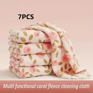 7pcs Coral Fleece Cloths, High Absorbent Quick-Dry Cleaning Towels, Soft Multi-Use Kitchen Bath Glass Car Wet Wipes, Gold Coral Pattern