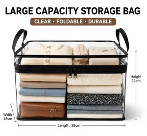 Large Clear Storage Bag with Reinforced Handles, Transparent Clothes Organizer with Zipper, Foldable Closet Storage for Blankets, Bedding & Seasonal Clothing