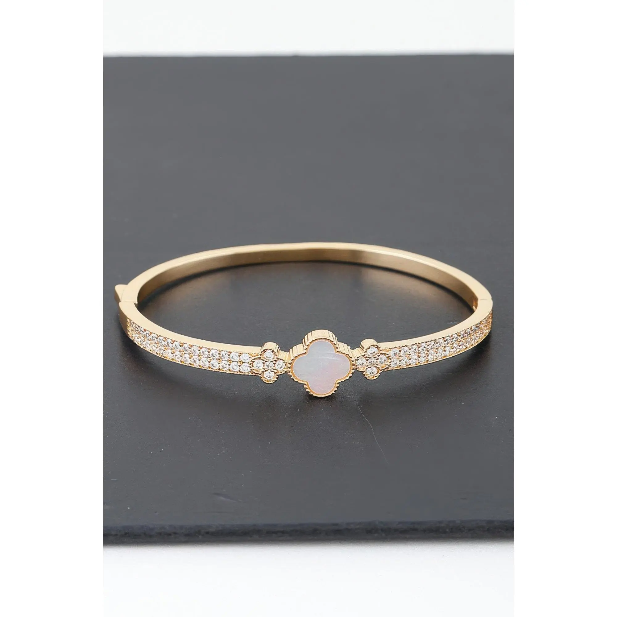 Gold Plated Pearl And Cz Pave Clover Bangle Bracelet