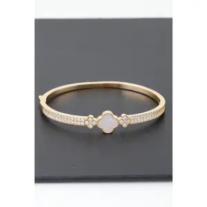 Gold Plated Pearl And Cz Pave Clover Bangle Bracelet