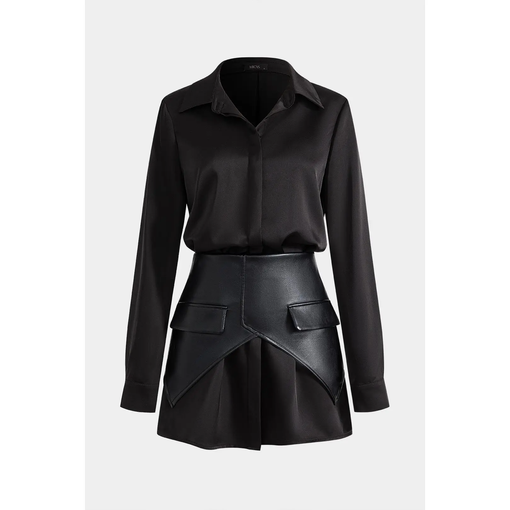 Women's Fitted Casual Satin Faux Leather Long-Sleeve Mini Dress with Pocket, Button, and Zipper, Longsleeves