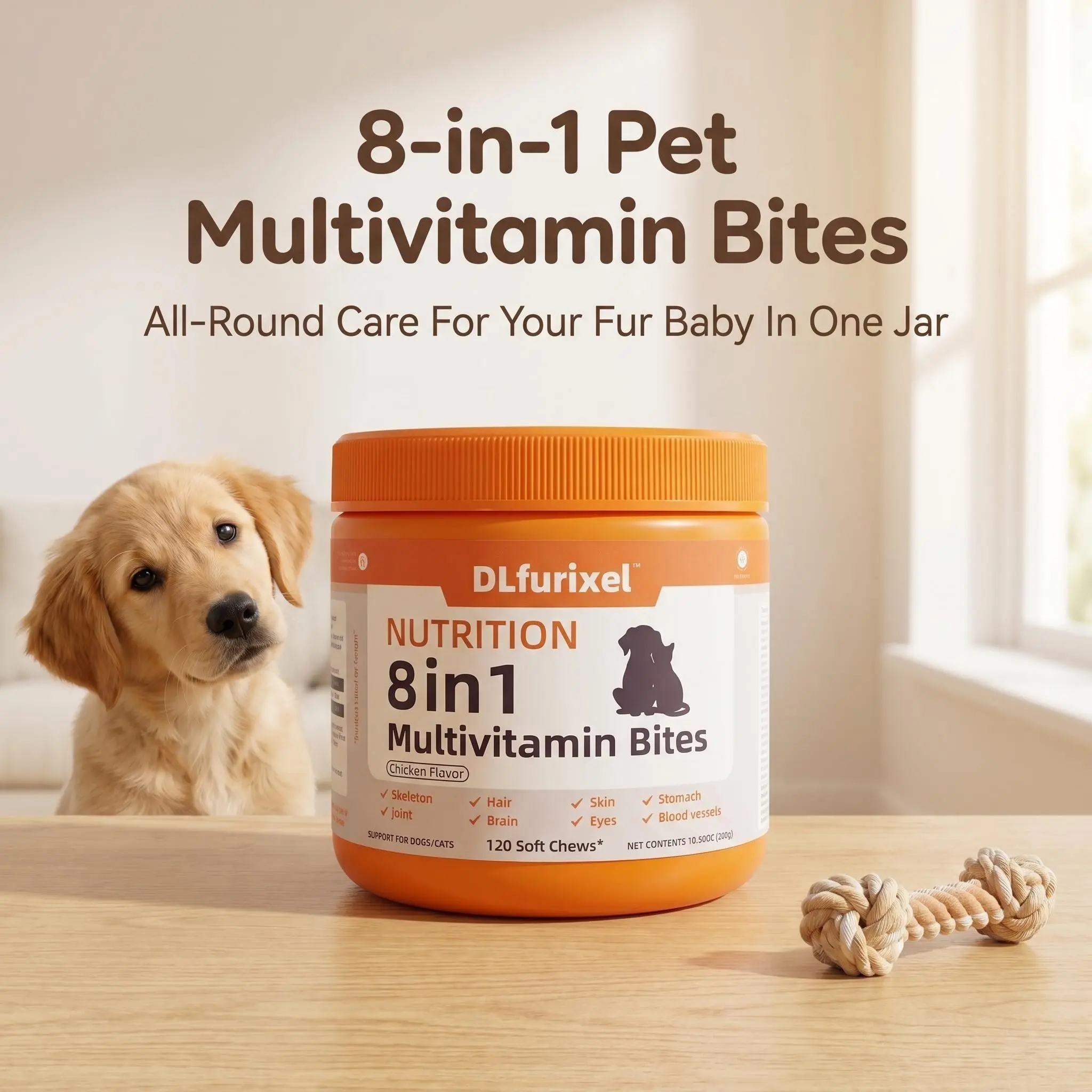 DLFURIXEL  Capacity 8‑in‑1 Pet Nutrition Soft Chews Glucosamine Chondroitin for Daily Care, Gut Health & Skin Coat, Appetite Stimulant