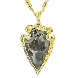 Black Obsidian Arrowhead Pendant - Gold Plated Crystal Jewelry