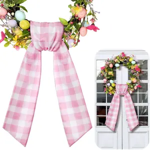 Blank Satin Wreath Sash for Front Door Embroidery Monogram Ribbon Bow Home Decor for Indoor Outdoor Yard Doorway Wall Pink White Spring Buffalo Plaid
