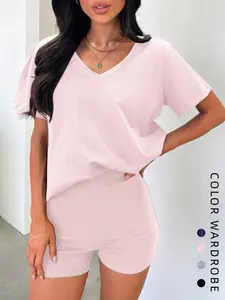 Women's Summer V-Neck Short Sleeve T-Shirt & High-Waisted Shorts Set, Casual Sportswear, Sporty Comfy Breathable, Perfect for Sports & Daily Wear
