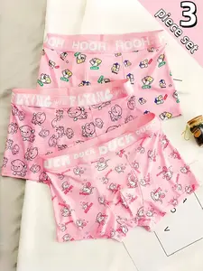 Men's Ice Silk Briefs Set of 3, Cool Breathable Printed Cartoon Bear-Pig Print, Cute Prints, Comfortable Mid-Waist Underwear, Valentine's Gift