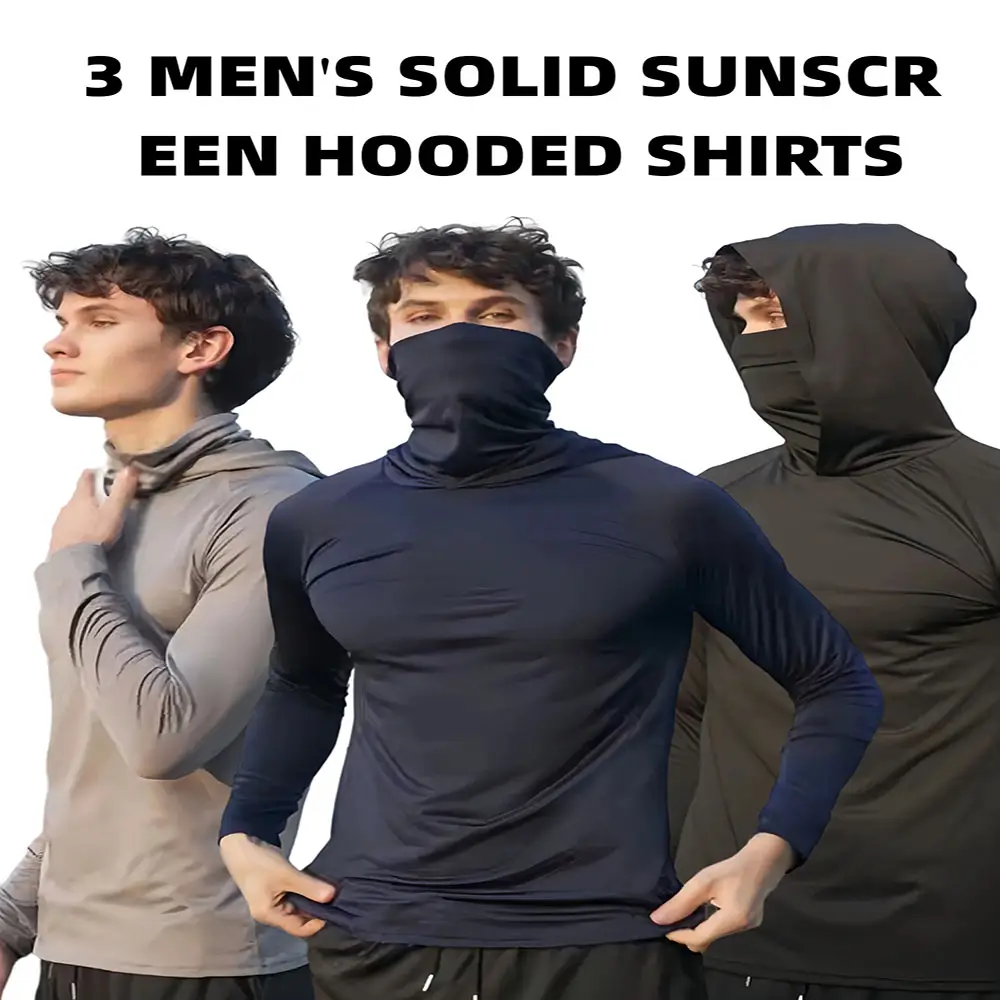 OKP 3 Pack UPF Men's Sun Protection Hoodie with Mask Long Sleeve T-shirt Hoodies, Breathable Quick Dry Lightweight Fishing Shirt, Outdoor and Indoor A