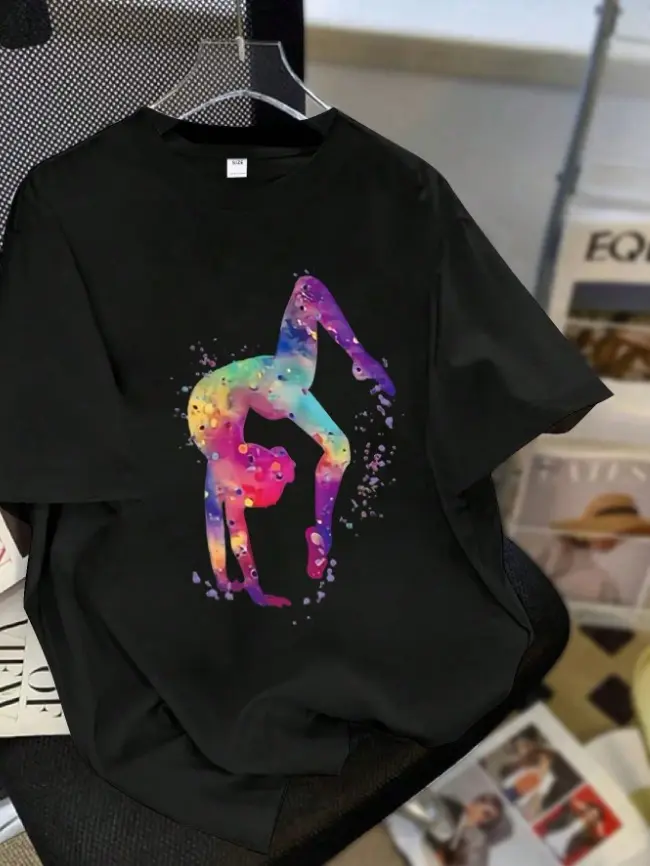 Powerful feminine vibe watercolor rainbow gymnast handstand silhouette graphic tee rhythmic gymnastics athlete inspirational summer 100% cotton short sleeve adhesive print women’s black top