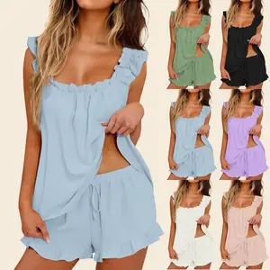 Women’s Cute 2-Piece Ruffle Tank Top & Shorts Pajama Set – Soft, Flirty Sleepwear for Summer & Bridal Party