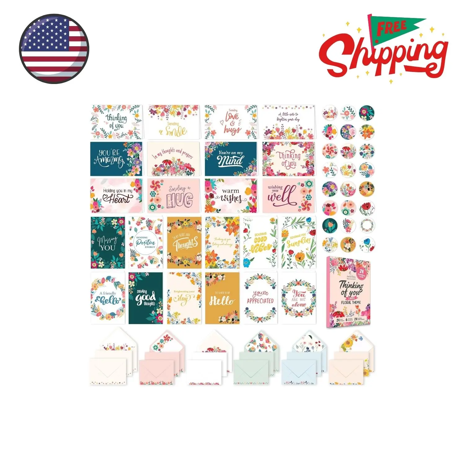 24 Pack 6x4in Floral Assorted Thinking of You Cards with Envelopes and Stickers