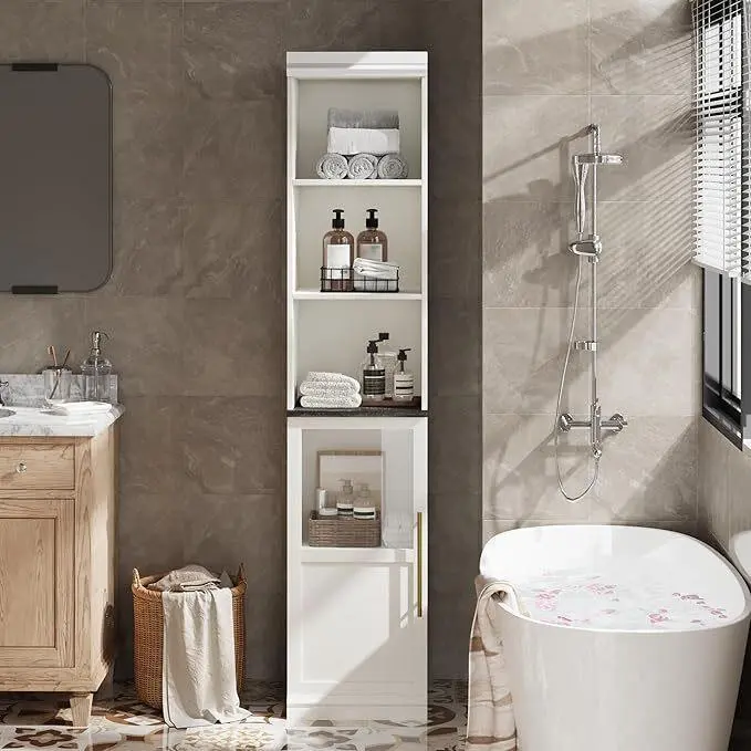 Gaomon 70" Slim Freestanding Wood Cupboard - Tall Narrow Small Space-Saving Wood Cabinet with Door, Open Shelves for Bathroom, Kitchen, Wooden Bathroom Cabinet